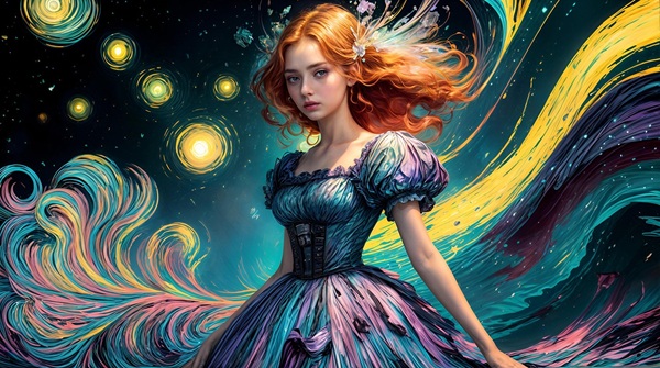 femeie roscata cu parul lung pictata pe fundal fantasy