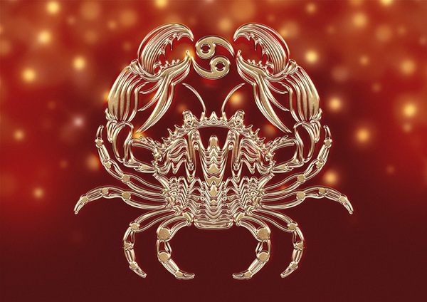 semnul zodiacal rac creionat cu alb pe fundal rosu cu stele