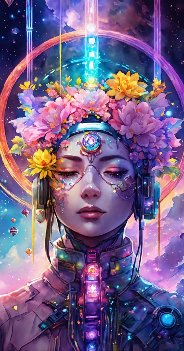 femeie cu parul prins si ochii inchisi pe fundal cosmic colorat