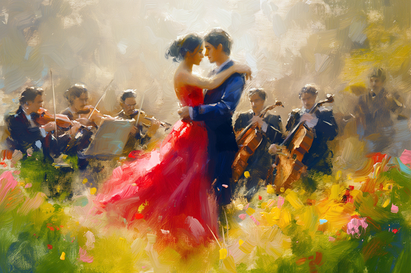 cuplu format din femeie imbracata in rochie lunga rosie care danseaza cu un barbat cu orchestra in spate