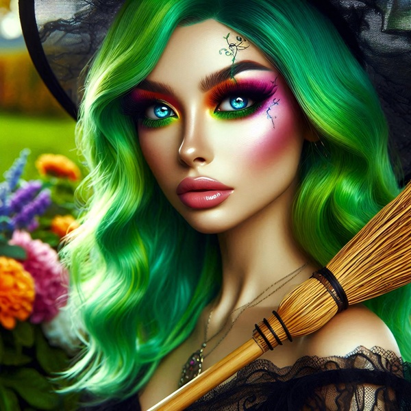 femeie cu parul verde machiaj colorat duce o matura in spinare
