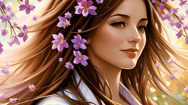 femeie cu parul saten lung si flori violet prinse in par