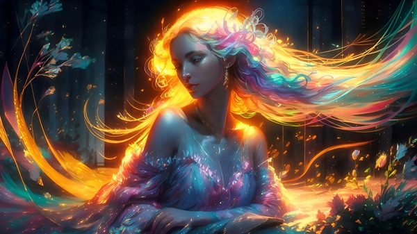 imagine fantasy cu o femeie cu parul lung al carui chip și trup este luminat si stralucitor