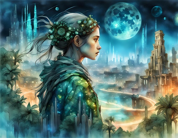 femeie sta pe ganduri pe fundal astral cu luna plina stralucitoare