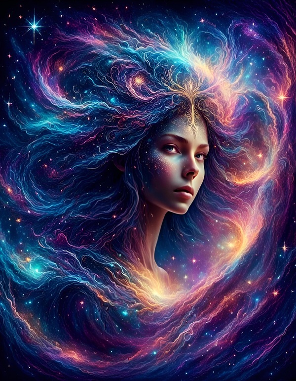 chip de femeie cu parul lung pe fundal cosmic