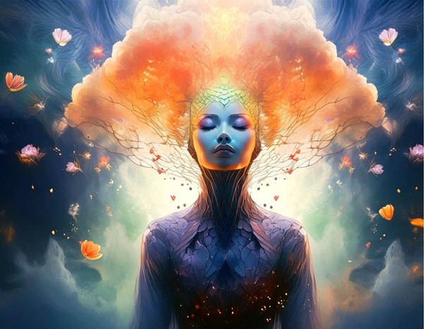 silueta de femeie in fundal luminos cu o explozie de flori