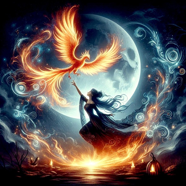 femeie care intinde mana spre o pasare phhonenix ce se inalta spre cer