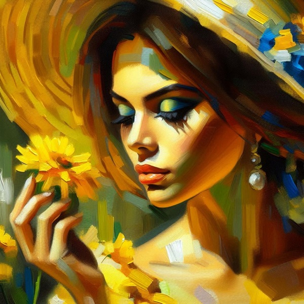 femeie cu palarie pe cap tine in mana o floare galbena