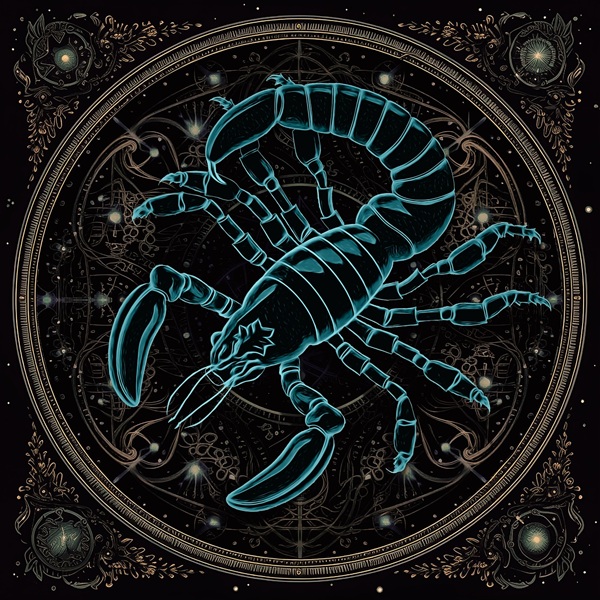 reprezentare a zodiei scorpion cu un scorpion de culoare albastra pe fundal negru