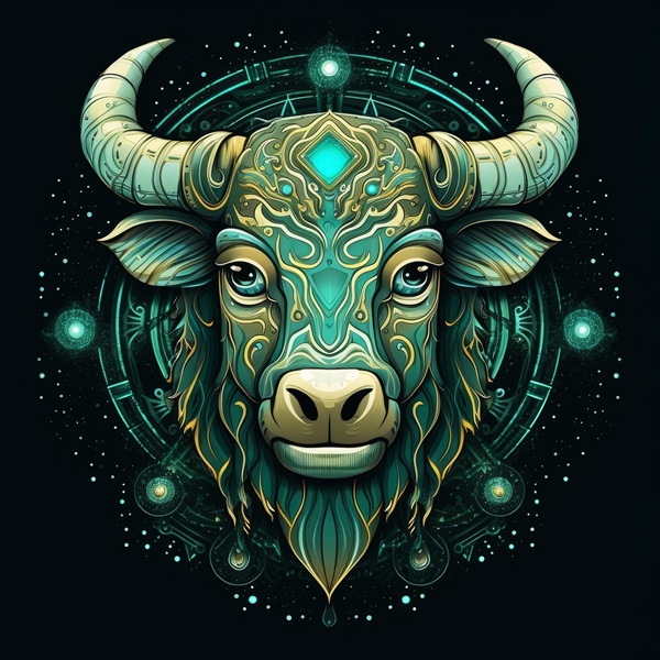reprezentare a zodiei taur cu un cap de taur colorat in verde pe fundal negru