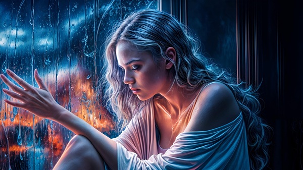femeie cu parul lung blond care pune mana pe un geam 