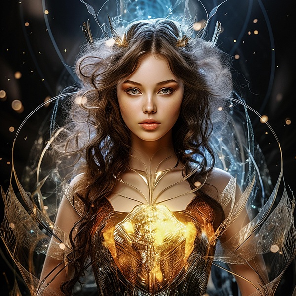 portret de femeie cu parul saten inchis si lung tine in mana un glob luminos
