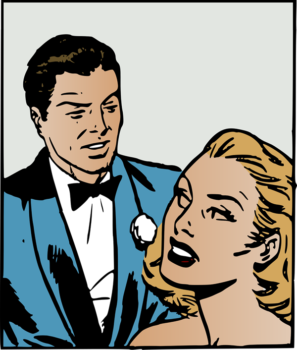 ilustratie cu o femeie blonda care se cearta cu un barbat imbracat in costum albastru