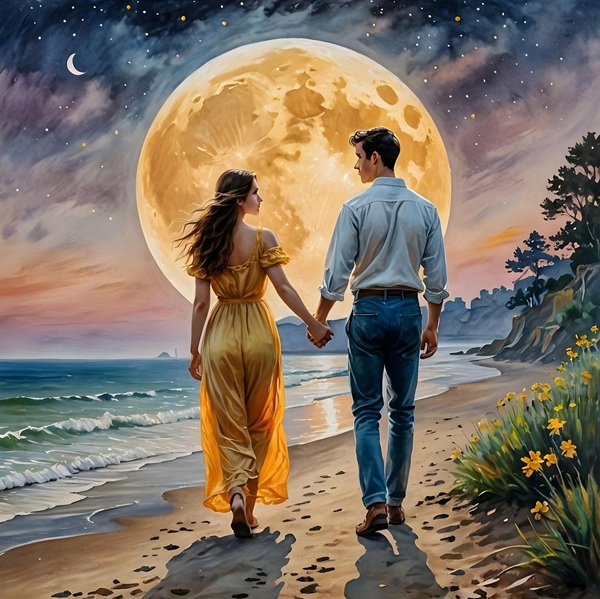 femeie in rochie lunga galbela se tine de mana cu un barbat si merg pe un camp spre luna plina