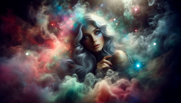 chip de femeie cu parul lung blond pe fundal astral cu nori colorati