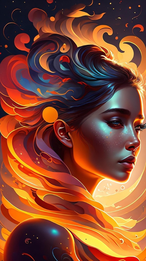 chip de femeie cu parul lung in lumina si fundal abstract portocaliu