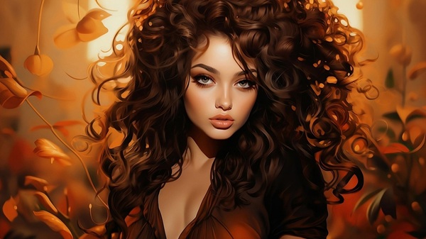 femeie cu parul saten cret si foarte voluminos pe fundal tomnatic