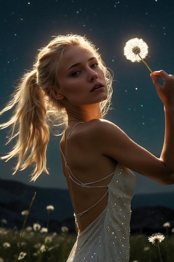 femeie blonda imbracata in rochie alba tine o papadie in mana