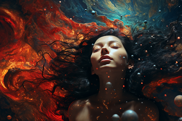 femeie cu parul negru cu bucle se uita in sus in fundal astral
