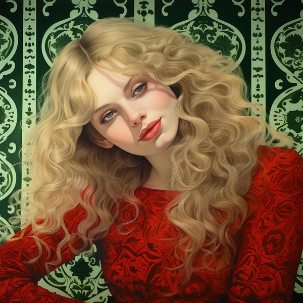 femeie blonda cu parul cret imbracata in bluza rosie cu maneca lunga