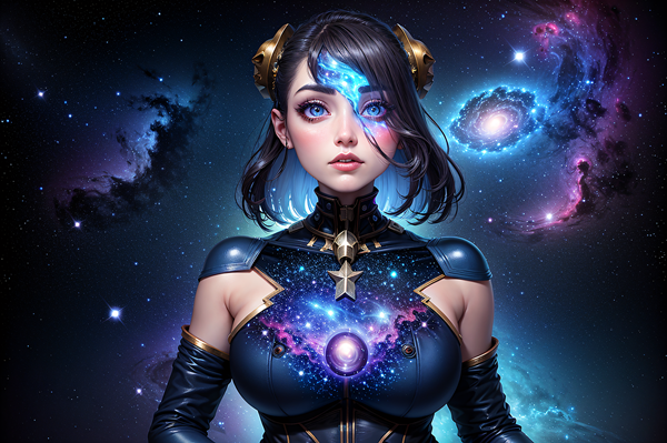 femeie bruneta cu parul scurt imbracata in mov pe fundal fantasy univers