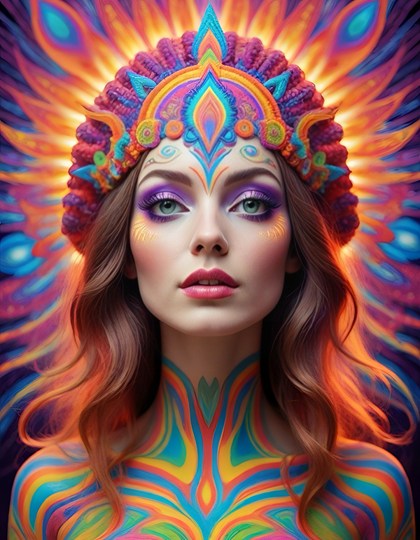 femeie satena cu o coroana multicolora pe cap