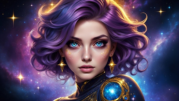 femeie cu parul scurt cret pe fundal cosmic