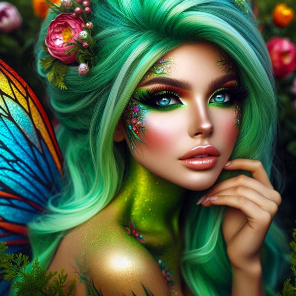 femeie cu machiaj intens si parul verde colorat tine mana la maxilar