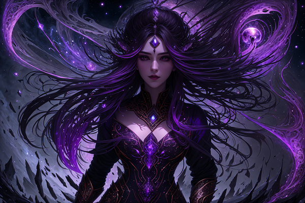 femeie cu parul brunet imbracata in negru pe fundal violet