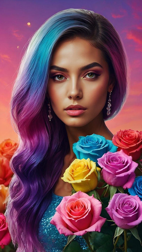 femeie cu parul lung albastru cu buchet de trandafiri colorati in brate