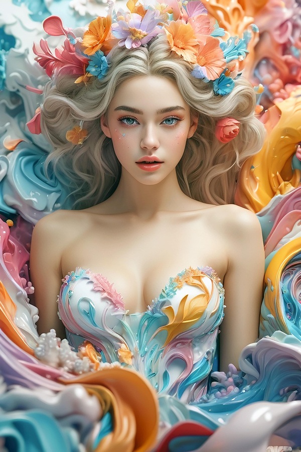 femeie blonda imbracata in rochie colorata cu flori colorate