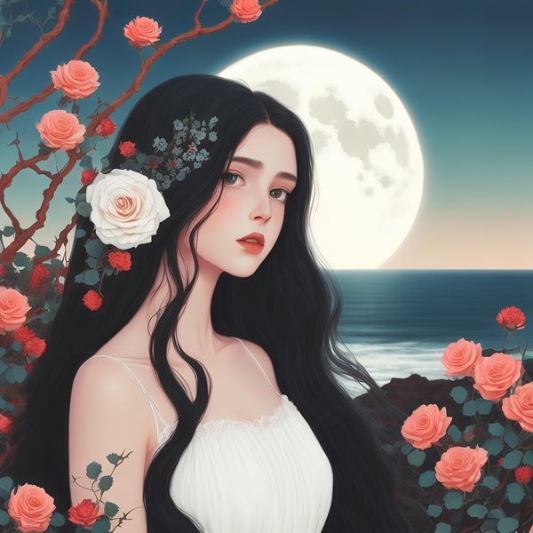 femeie imbracata in alb cu parul negru si floare alba la ureche pe fundal luna plina
