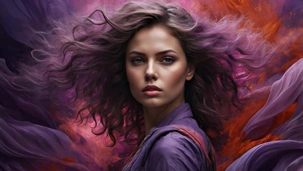 femeie cu parul lung cret saten imbracata in mov pe fundal fantasy priveste peste umar
