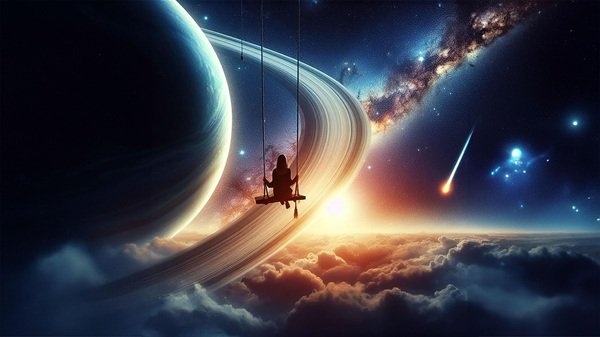 o persoana se da in leagan in fundal zodia saturn cu inelele