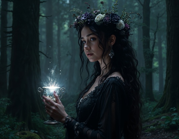 femeie cu parul lung brunet si coronita de flori pe cap tine in mana un pocal luminos in padure