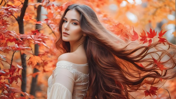 femeie cu parul lung saten in padure printre frunze aramii