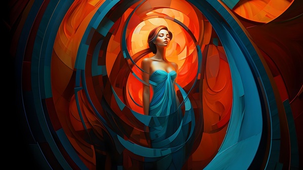 femeie roscata imbracata in rochie pe fundal oranj abstract