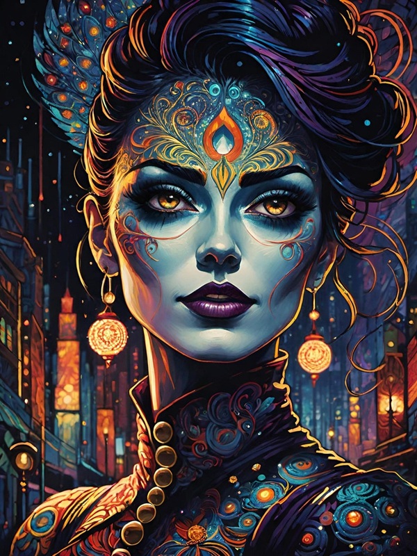 femeie bruneta cu parul prins si semne ezoterice pe fundal fantasy