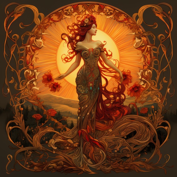 femeie imbracata in rochie pe fundal fantasy cu flori care o inconjoara si o lumina puternica