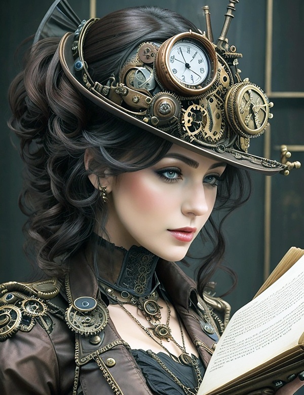 femeie cu parul brunet lung lasat pe spate cu ceasuri pe o palarie tine in mana o carte