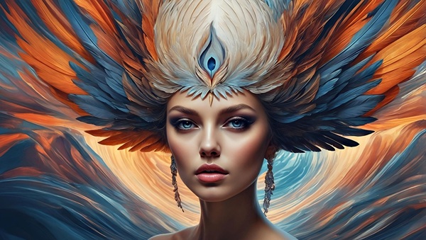 femeie cu peruca din pene albastre si portocalii pe fundal fantasy