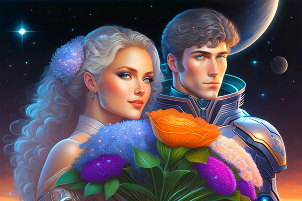 femeie si barbat cu par grizonat pe fundal fantasy cu un buchet de flori in mana
