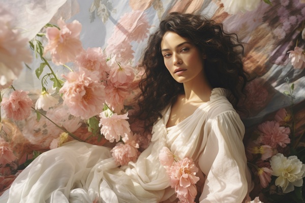 femeie bruneta cu parul lung cu bucle printre flori roz imbracata intr-o rochie diafana rozalue