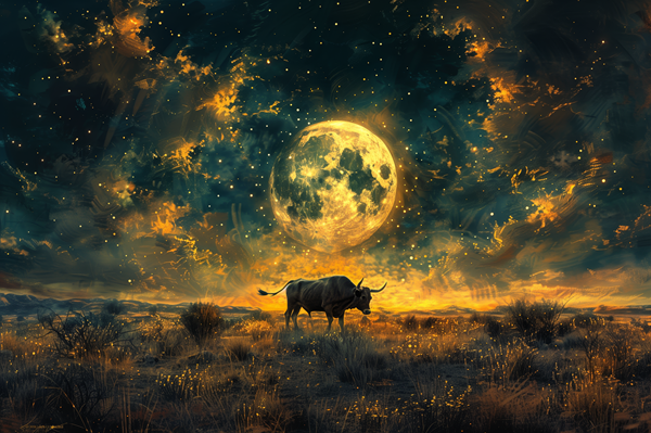 peisaj de amurg cu un taur care paste pe un camp sub luna plina