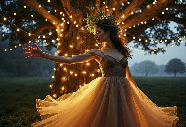 femeie in rochie alba din voal danseaza langa un copac luminat cu luminite albe