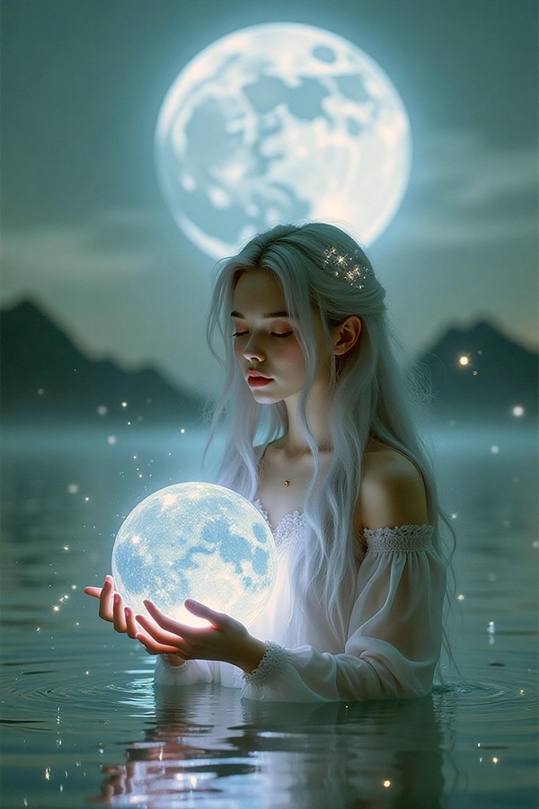 femeie blonda cu parul lung tine in mana o luna plina pe fundalul unei ape limpezi