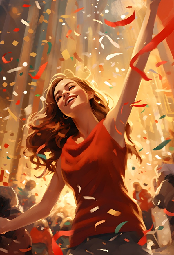 femeie satena cu parul lung imbracata in rochie rosie se bucura pe fundal confetti