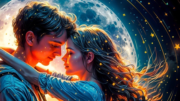 femeie satena cu parul lung tine de gat un barbat brunet pe fundal luna plina
