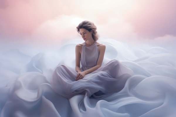 femeie cu parul roz prins la spate imbracata in rochie lila pe fundal fantasy mov