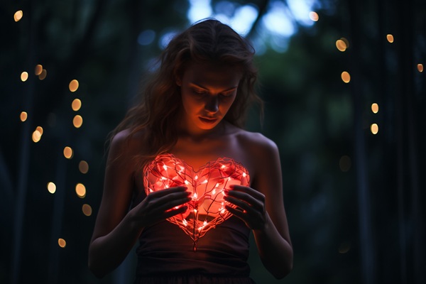 femeie tine o inima luminata in maini pe fundal nocturn